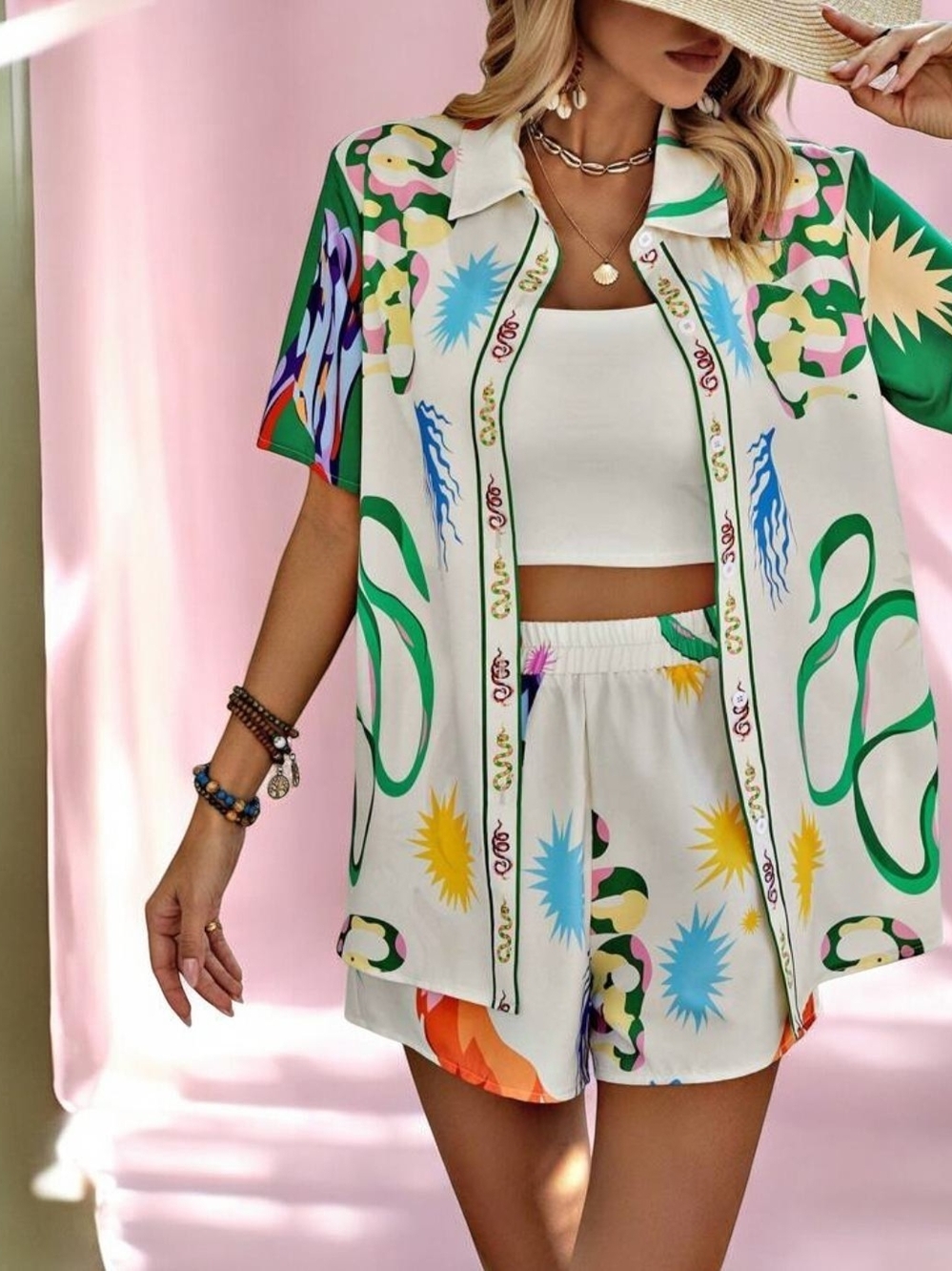 Two-Piece Printed Short Set in White & Green